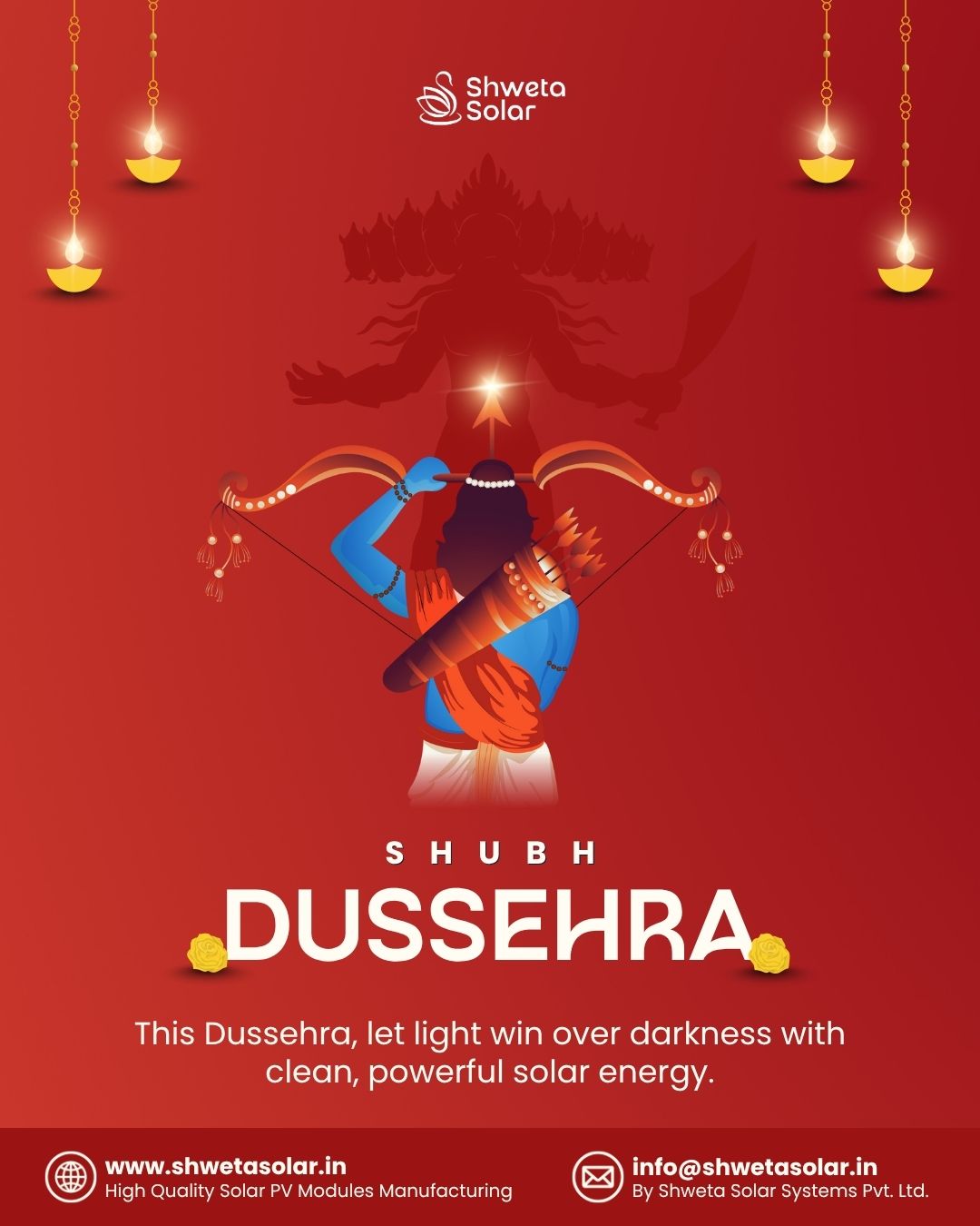 May the victory of light over darkness bring happiness, health, and prosperity to you and your loved ones — and may this season inspire new beginnings for us all.
This Dussehra, let light win over darkness with clean, powerful solar energy.
