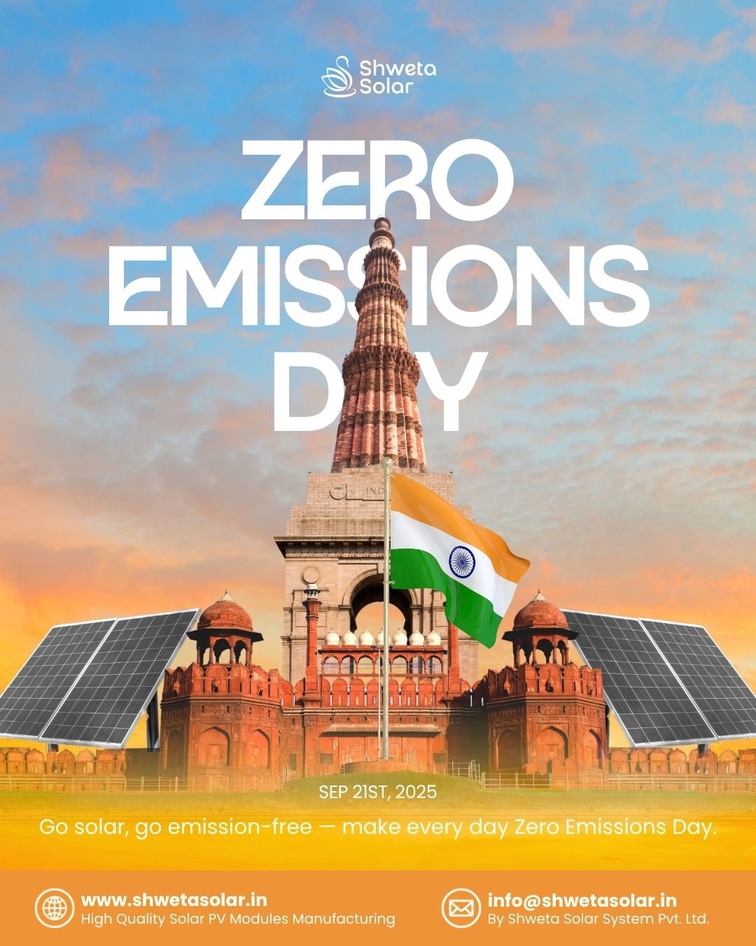 Let's celebrate clean skies, fresh air, and every step toward a sustainable future.
Together, we can make every day a stride closer to a zero-emissions India.
Go solar, go emission-free — make every day Zero Emissions Day.