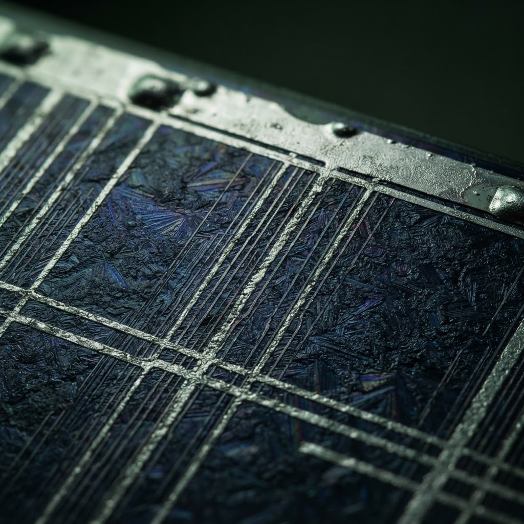 Macro detail of a TOPCon solar cell surface